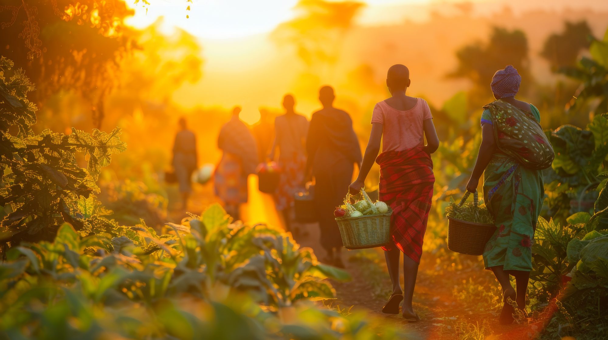 Women carrying baskets of produce through fields at sunset