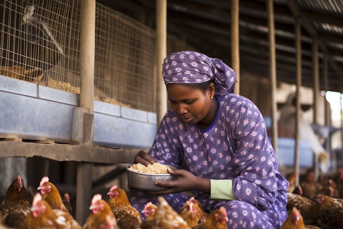 A woman tending her poultry farm
